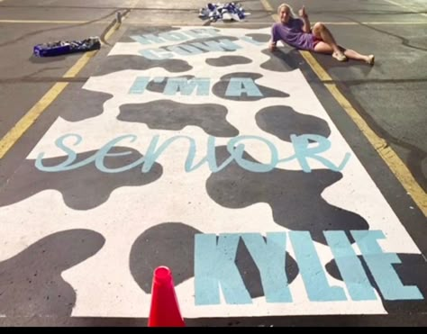 Ffa Parking Spot Painting, Cow Senior Parking Spot, Cow Print Senior Parking Spot, Western Parking Spot Ideas, Painted Parking Spots Senior Western, Western Senior Parking Spot Ideas, Jeep Senior Parking Spot, Painted Parking Spots Senior Easy, Senior Parking Spaces Country