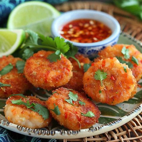 Discover the ultimate Thai treat with our Thai Shrimp Cakes (Tod Mun Goong) recipe! These crispy, golden delights are packed with fresh shrimp and aromatic spices, offering a taste of authentic Thai street food right at home. Perfect as an appetizer or a flavorful snack, this easy recipe will have you cooking up irresistible shrimp cakes in no time. Get the full recipe and start cooking today! #ThaiRecipes #ShrimpCakes #FoodieFavorites #CookingAtHome Vegetarian Thai Food Recipes, Thai Appetizer Recipes, Thai Shrimp Cakes, Thai Appetizer, Healthy Thai Recipes, Asian Dinner, Thai Spices, Thai Shrimp, Shrimp Cakes