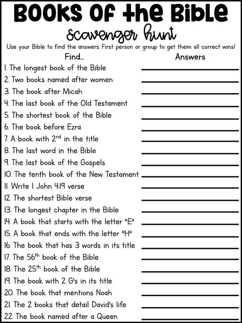 Bible Wheel Of Fortune Game, Hallelujah Night Games, Books Of The Bible Scavenger Hunt, Fun Things To Do With Church Youth Group, Youth Group Scavenger Hunt Church, Bible Left Right Game, Books Of The Bible Games For Kids, Bible Study Activities For Youth, Youth Activities For Church