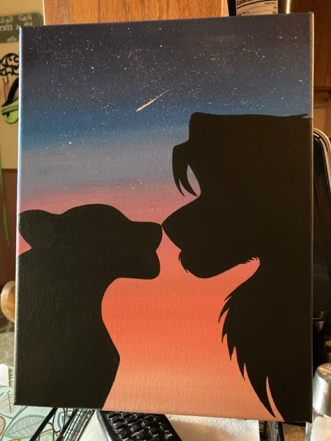 Disney Couples Paintings, Simple Silhouette Painting, Cute Paintings Couples, Canvas Disney Painting, Couples Paintings Ideas, Canvas Ideas For Couples, Paintings For Couples To Do Together, Disney Easy Paintings, Canvas Painting Couple Ideas