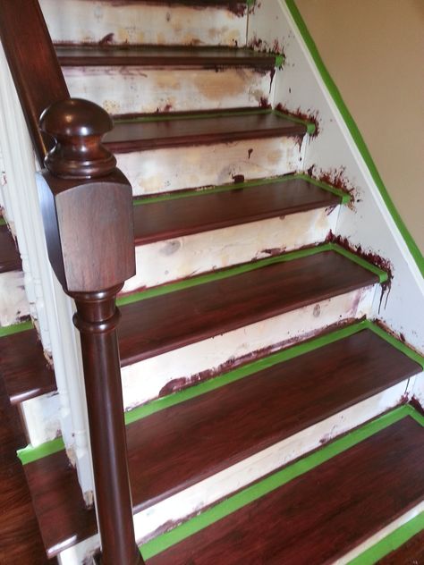 S#10 General Finishes Brown Mahogany on the banisters - 2 coats with General Finishes Semi Gloss Polyurethane - 3 coats. Treads & Wall taped for painting risers.  Satin Poly is fine but I really love Semi Gloss.  I want to do a project with High gloss but I don't know what that will be (something small to start :) ) Carpet Off Stairs, Redo Stairs, Foyer Staircase, Stair Makeover, Diy Staircase, Stairs Makeover, Staircase Makeover, Staircase Decor, Painted Stairs