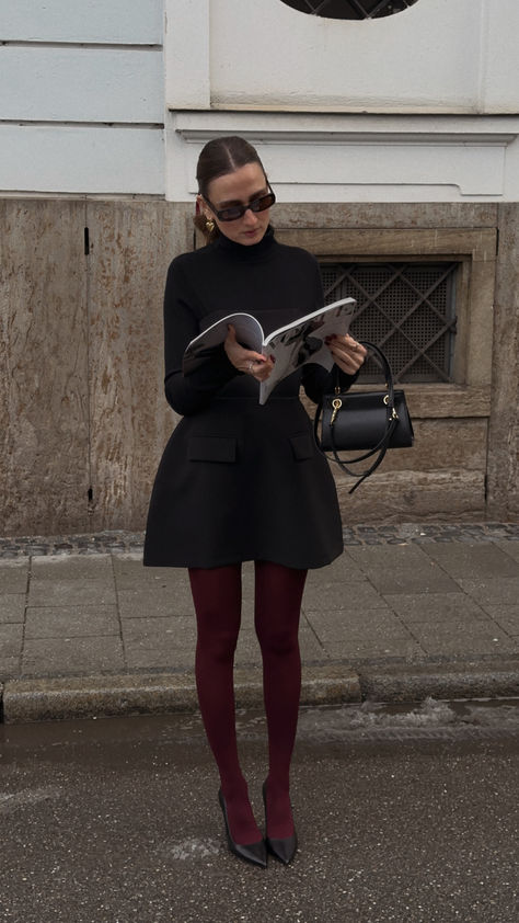 An elevated everyday look. The dress for every season whether it be winter or summer. She's the perfect LBD you've been dreaming of. White Dress Black Tights Winter, Lbd Winter Outfit, Dress Stockings Outfit, Midi Dress With Tights, Paris Autumn Outfit, Lbd Outfit, Burgundy Outfits, Black Dress Winter, Preppy Chic Outfits