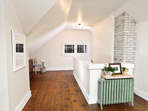 1920s Bungalow Remodel, Green Radiator, Pine Floorboards, 1920s Home Renovation, Unfinished Attic, Chicago Bungalow, Rehab Addict, 1920s Bungalow, Bungalow Interiors