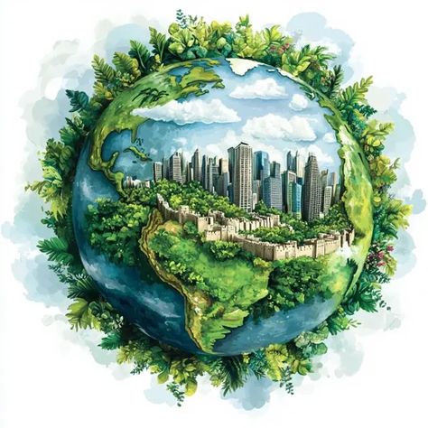 ↑↑↑ Larger size on website 🔸 The image depicts a watercolor painting of the Earth. It is surrounded by lush greenery and flowers, Painting Of Earth, Earth Nature, Lush Greenery, Of The Earth, Nature Beauty, The Earth, Watercolor Painting, Cityscape, Art Images