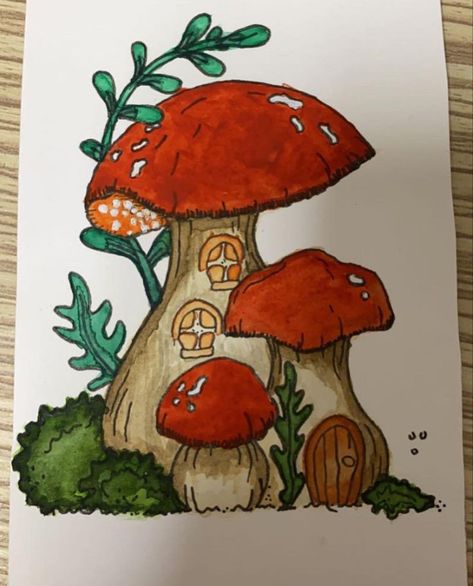 Strawberry Mushroom Drawing, Drawings With Mushrooms, Easy Doodle Art Mushrooms, Tree And Mushroom Drawing, Painting Mushrooms Easy, Mashrooms Drawing Aesthetic Indie, How To Draw Mushroom House, Marker Mushroom Art, Mushroom Marker Drawing