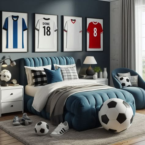 This is an ai created image of a soccer inspired bedroom. Used to inspire new design ideas. Soccer Themed Rooms For Boys, Soccer Inspired Bedroom, Soccer Room Ideas For Boys Teen Bedroom, Football Room Decor Ideas, Blue Boy Bedroom Ideas, Soccer Bedroom Ideas For Boys, Boys Bedroom Ideas Soccer, Teen Boy Soccer Bedroom, Teen Soccer Bedroom