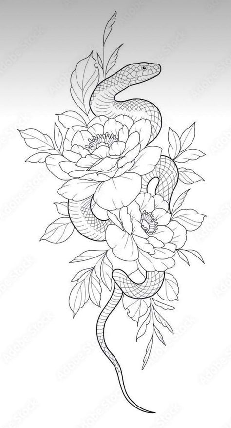 Flowers And Moths Tattoo, Upper Arm Tattoos For Women Stencil, Snake And Lotus Flower Tattoo, Snake And Poppy Tattoo, Boho Rose Tattoo, Snake In Flowers Tattoo, Mandala Snake Tattoo, Men Tattoo Stencil Design, Snake Mandala Tattoo