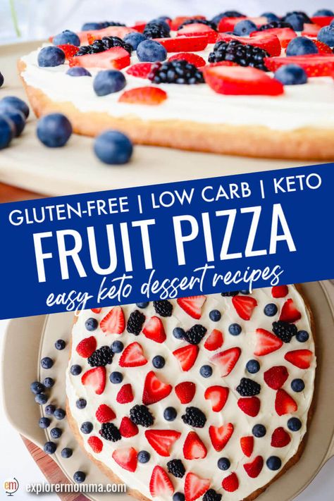 Fruit Pizza Keto, Keto Fruit Pizza Low Carb, Keto Fruit Dessert Recipes, Keto Dessert Pizza, Keto Fruit Dessert, Low Carb Fruit Pizza, Healthy Dessert Pizza, Gfdf Recipes, Healthy Fruit Pizza