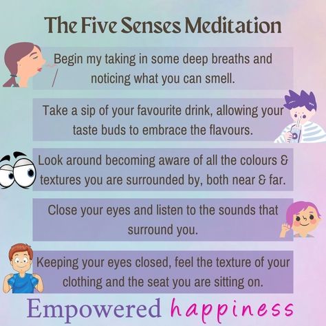 The Five Senses Meditation Meditation can seem quite daunting for so many people, but when we break it down it really can be quite simply. Try this simple, short Five Senses Meditation. All you need to do is engage each sense for a minute or two, placing your full attention on each one. You can increase the amount of time you spent on each sense if you wish. 5 Senses Meditation, Brain Rewire, Mental Mindset, Meditation Scripts, The Five Senses, Five Senses, So Many People, Montessori Activities, Mind Body Soul