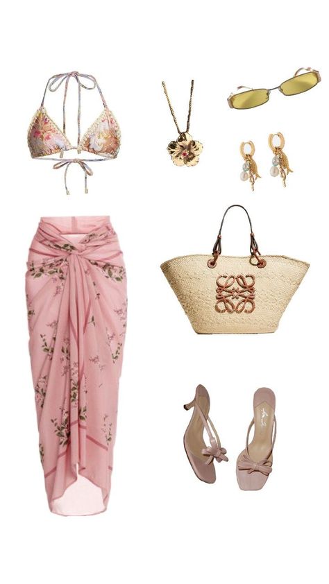 beach outfit girly aesthetic loewe hibiscus flower bikini pink embroidery kitten heels loewe bag Hawaiian Beach Party Outfit, Beachcore Outfit, Beach Bar Outfit, Outfit Plage, Oceancore Aesthetic, 13 Going On 30 Outfits, Outfit Bali, Outfits For The Beach, Egypt Trip