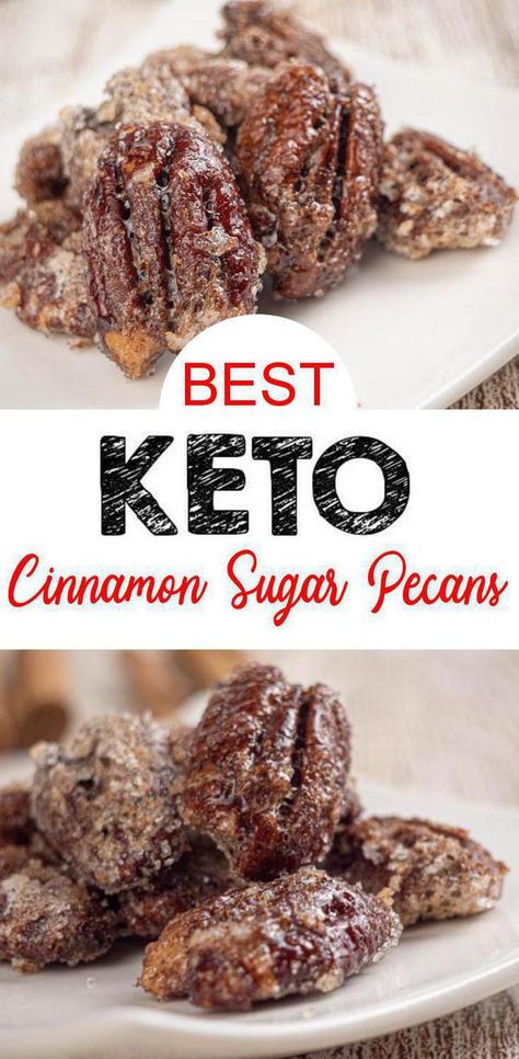 Low Carb Keto Cinnamon Sugar Glazed Pecans. These low carb keto  Cinnamon Sugar glazed pecans are so yummy & delicious. Sugar free keto candied pecans are a super easy & take about 5 minutes to put together. A great oven baked not stovetop version but taste like a sweet roasted pecan. Great savory keto snacks homemade not store bought & keto desserts. Healthy candied pecan recipe everyone will love. #snacks Low Carb Pecans Candied, Keto Spiced Pecans, Keto Pecans Candied Easy, Keto Cinnamon Pecans, Keto Glazed Pecans, Keto Roasted Pecans, Healthy Roasted Pecans, Cinnamon Coated Pecans, Low Carb Candied Pecans