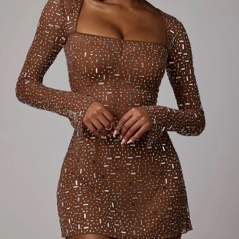 Oh Polly Zeta Sheer embellished long sleeve A-line Mini dress in Mocha Nirvana Dress, Dresses Oh Polly, Bronze Dress, Glam Dress, Sheer Mini Dress, Oh Polly Dresses, Mocha Color, Corset Mini Dress, Bow Detail Dress