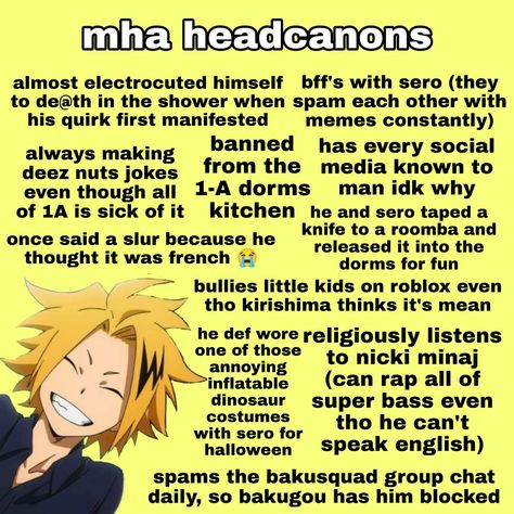 Denki Kaminari X Y/n Headcanons, Head Cannons Mha, Mha Character Headcanons, Bakusquad Headcannons, Kaminari Headcanon, Denki Kaminari Headcanon, Denki Headcanon, My Hero Academia Headcanons, Anime Headcannons