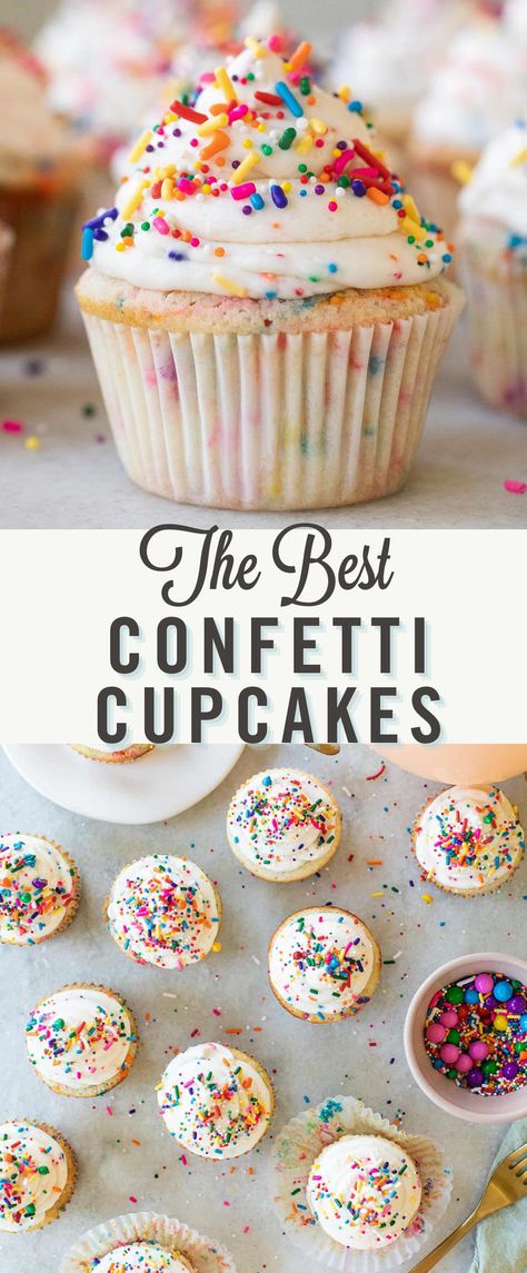 Try the Best Confetti Cupcakes. This homemade confetti cupcakes recipe is super moist and filled with sprinkles! They are topped with homemade buttercream frosting and sprinkles. Perfect for birthdays and any special occassion. Sprinkles Cupcake Recipes, Cupcakes For Birthday, Homemade Confetti, Moist Cupcake Recipes, Confetti Cake Recipes, Funfetti Cupcake Recipe, Cupcakes With Sprinkles, Easy Cupcakes Decoration, Moist Vanilla Cupcakes