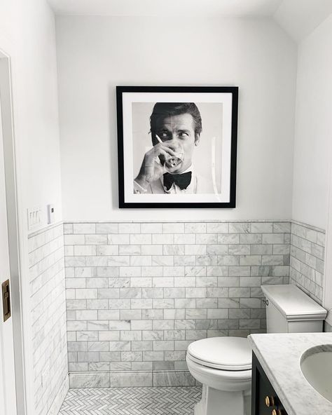 2,201 Likes, 40 Comments - Danielle Moss (@daniellemoss_) on Instagram: “He’s not Jack Nicholson (who else was team Jack?!) but I think he’ll do.  Waiting on a shade for…” Small Modern Bathroom Ideas, Moss Bathroom, Small Modern Bathroom, Ceramic Tile Floor Bathroom, Bathroom Design Small Modern, Modern Bathroom Ideas, Tongue And Groove Ceiling, Black Accent Walls, Bath Inspiration