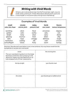 Writers engage their readers by using colorful details to describe the world around them. Give your students practice writing with detail. As they use vivid words to tap into all five senses, they are sure to elevate their writing style! #educationdotcom Sensory Words, Advanced Grammar, Words Worksheet, Sensory Details, Writing Games, Math Workbook, 5th Grade Reading, 4th Grade Reading, Five Senses