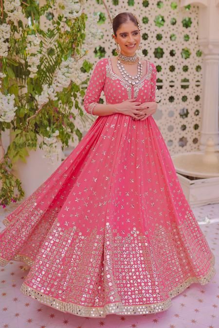 Chanderi Silk Mirror Work Anarkali with Dupatta Mirror Work Anarkali Dresses, Silk Lehenga Designs, Mirror Work Anarkali, Desired Wardrobe, Bright Pink Wedding, Abhinav Mishra, Anarkali With Dupatta, Desi Fits, Pink Anarkali