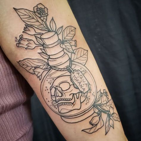 olivia taylor | ☠🖤 AQUA TOFANA 🖤☠ We ran out of time so I didn't get to finish but omggggggg I got to do a @baileysarian tattoo. I dont geek out on much… | Instagram Small Poison Bottle Tattoo, Aquatofana Tattoo, Medicine Bottle Tattoo, Aqua Tofana Tattoo, Poison Bottle Tattoo, Potion Bottle Tattoo, Perfume Bottle Tattoo, Poison Tattoo, Aqua Tofana