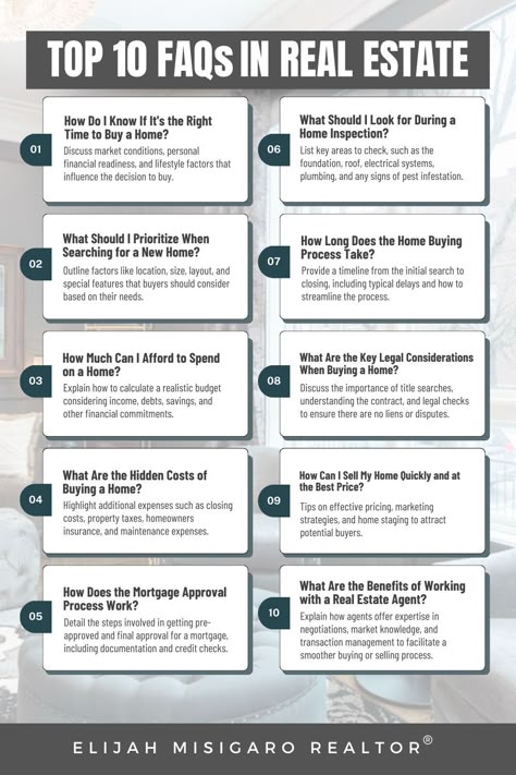 Hey there, future homeowners and real estate enthusiasts! As someone who has guided countless people through the exciting (yet admittedly confusing) world of real estate, I've fielded my fair share of questions over the years. But fear not, because your friendly neighborhood real estate pro is here to address the top 10 frequently asked questions that seem to keep popping up!  #EMrealestate #dtx #Dallas #realestate #HomeBuyingTips #HomeSellingAdvice #MortgageBasics #HomeInspectionsMatter Insta Carousel, Real Estate Questions, Real Estate Business Plan, Real Estate Infographic, Getting Into Real Estate, Real Estate Education, Investing Strategy, Video Tips, Money Management Advice