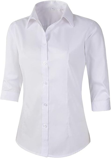 Beninos Women's 3/4 Sleeve Formal Work Wear White Button Down Shirt (226 White M) at Amazon Women’s Clothing store Formal Work Wear, Blouse Images, Women's Workwear Fashion, White Corset Top, School Uniform Fashion, Sheer White Blouse, Maroon Blouse, Flattering Outfits, White Button Down Shirt