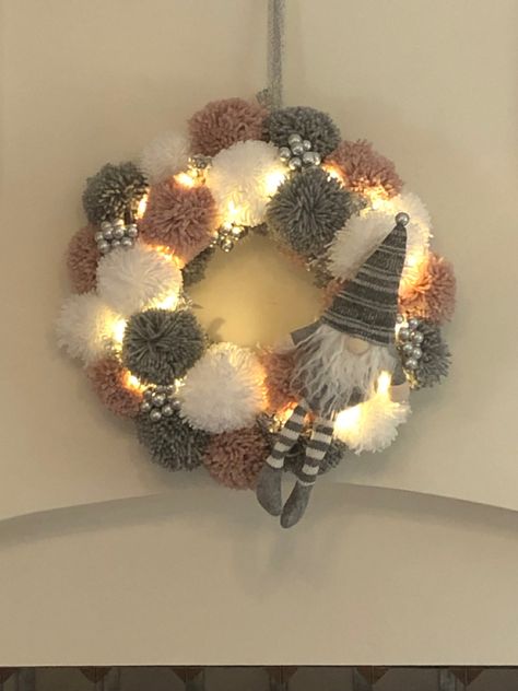 Grey pink and white pompoms make this super cute wreath with added fairy lights Christmas Pom Pom Wreath, Christmas Pompom, Christmas Pom Pom, Pom Pom Wreath, Fairy Lights, Pink And White, Christmas Decor Diy, Pink Grey, Light Up