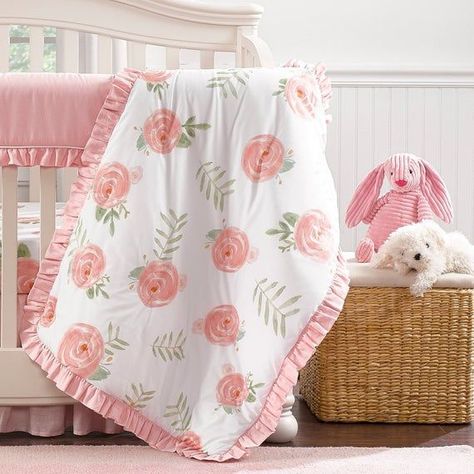 Pink Peony Satin-Backed Quilt with Ruffle | Baby Girl Quilts | Floral Quilts | Made in USA Pink Nursery Bedding, Luxury Crib Bedding, Peony Bedding, Baby Pink Bedding, Pink Floral Nursery, Blush Pink Nursery, Crib Bed, Black Bed Linen