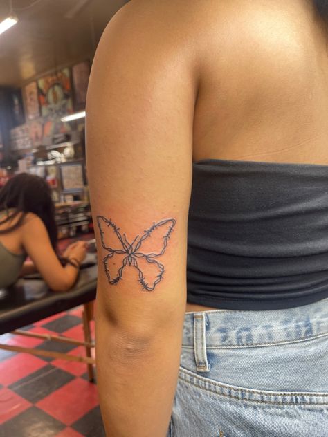 Spine Tattoos Barbed Wire, Butterfly With Barbed Wire Tattoo, Barbed Wire Heart Tattoo Placement, Butterfly With Thorns Tattoo, Barbed Wire Wrap Tattoo, Barb Wire Spine Tattoo, Edgy Women Tattoo, Inner Bicep Cover Up Tattoo, Dainty Barbed Wire Tattoo