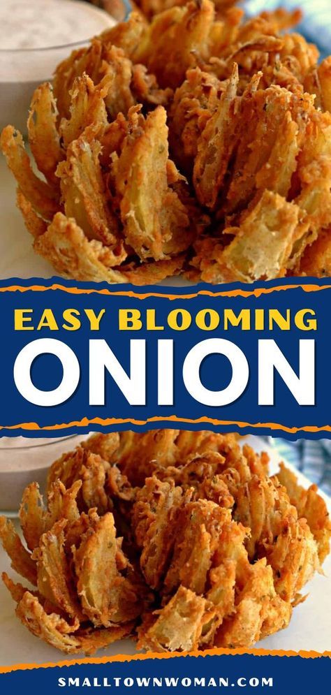 This easy blooming onion recipe is better than any Outback restaurant! Deep-fried to crispy, golden perfection, this finger food is a 4th of July appetizer everyone will love. Don't forget the homemade dipping sauce for this party snack! Deep Fry Foods Ideas, Foods To Deep Fry, What To Fry In A Deep Fryer, Things To Fry In A Deep Fryer, How To Make Blooming Onion, Easy Deep Fryer Recipes, Blooming Onion Batter Recipe, Blooming Onion Recipe Easy, Things To Make With Onions