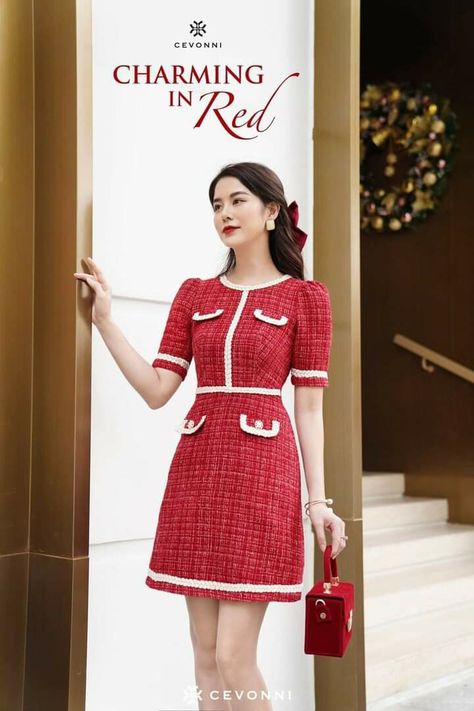 Red Tweed Dress Outfit, Luxury Spring Tweed Dress, Chic Red Tweed Dress, Red Tweed Dress, Tweed Set Outfit Korean, Tweed Fashion, Short Semi Formal Dresses, Tweed Dress, Stylish Clothes For Women