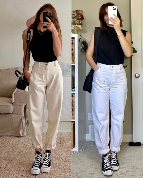 White Pants And Converse Outfit, White Pants And Black Top Outfits, Tank Top And Pants Outfit, Black Top White Pants Outfit, Boyfriend Trousers Outfit, Outfit With White Trousers, White Pants And Black Top, White Jeans Black Top Outfit, White Pants Black Top Outfit