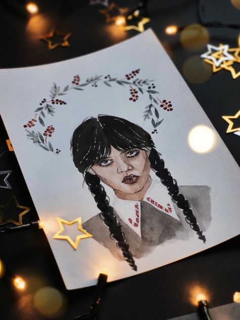 Wednesday Addams Watercolor, Watercolor Postcard, Wednesday Addams, Watercolor Art, Art