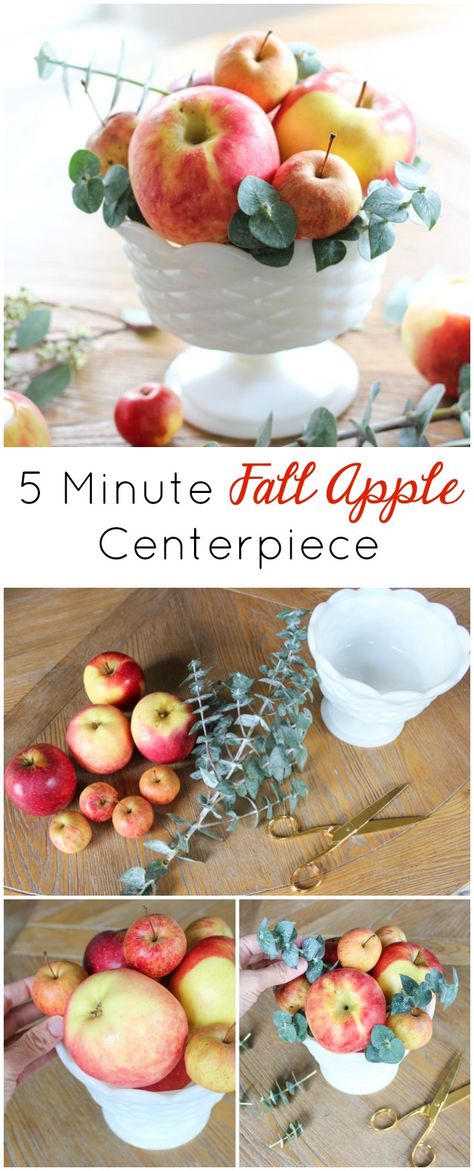 A simple and elegant apple centerpiece to decorate your table for fall! Fall Apple Party Decorations, Apple Fall Decor Ideas, Apple Theme Table Decorations, Apple Theme Centerpieces, Apple Cider Decor, Fall Event Table Centerpieces, Fall Apple Centerpieces For Table, Fall Birthday Party Table Decor, Apples And Sunflowers Decor