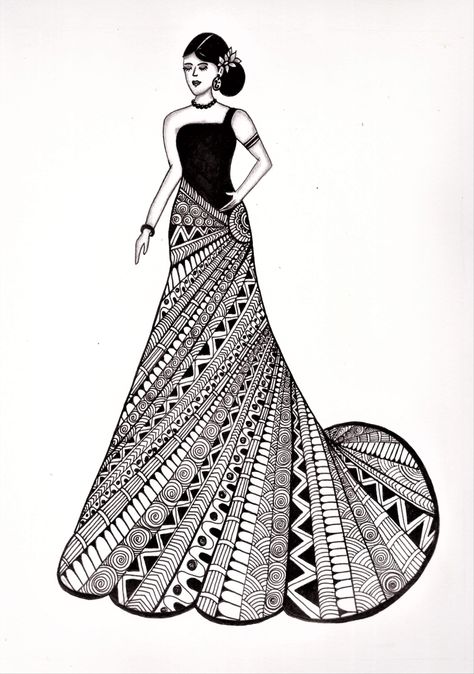 Girl in beautiful gown portrait mandala art | Western long dress drawing | Doodle/ Zentangle pen art Western Dresses Drawing, Long Dress Drawing, Western Long Dress, Western Long Dresses, Doodles Artwork, Mandala Dress, Zantangle Art, Mandala Arts, Gown Drawing