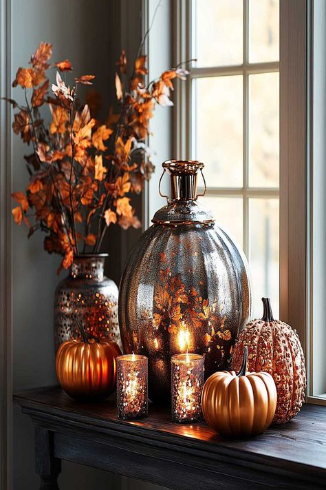 Urban modern fall decor with metallic pumpkins and candlelight. Autumn Decorating Ideas, Modern Fall Decor Ideas, Fall Decor Bedroom, Fall Home Decor Ideas, Modern Fall Decor, Neutral Fall Decor, Fall Living Room Decor, Cozy Fall Decor, Fall Wall Decor