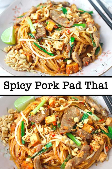 This Spicy Pork Pad Thai is quick and easy to make, and incredibly tasty with spicy, savory, sweet, and sour notes! It’s ready to go in just 35 minutes, can be adapted to be made vegetarian, vegan, and gluten-free, and tastes a million times better than takeout! #padthai #spicy #Thai #noodles #porknoodles #porkscotchfillet #betterthantakeout #padthairecipe | That Spicy Chick Pork Pad Thai, Spicy Thai Noodles, Pad Thai Sauce, Chicken Penne, Pork Noodles, Thai Sauce, Pad Thai Recipe, Better Than Takeout, Thai Noodles