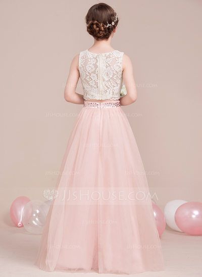 A-Line/Princess Scoop Neck Floor-Length Tulle Junior Bridesmaid Dress With Beading (009106853) - JJ's House Teenage Bridesmaid Dresses, Bridesmaid Dresses Dusty Sage, Second Wedding Dresses, Kids Dress Patterns, Junior Bridesmaid Dress, Indian Bridal Dress, Pearl Pink, Pageant Gowns, Fancy Dress For Kids