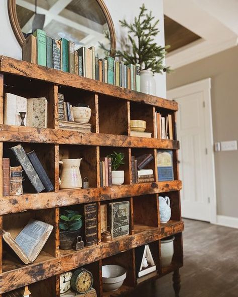 Blair Campbell Teer on Instagram: "Here’s another picture of my cubbies because, if I’m being honest, it’s the only space I’ve put back together since Christmas came down. So there’s that…🤦🏼‍♀️" Vintage Storage Shelves, French Country Bookshelf Ideas, Antique Bookshelf Decor, Rustic Bookshelves, Cubby Wall, Farmhouse Bookshelf, Vintage Booth, Rustic Bookshelf, Styling Shelves