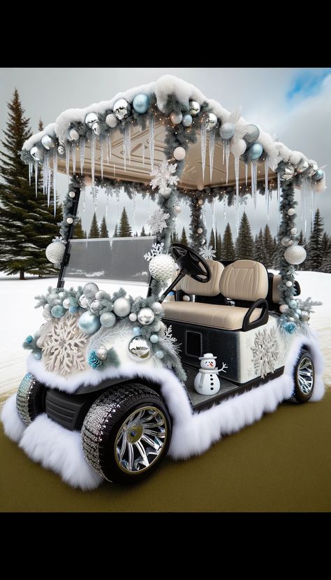 🏆 21 Genius Golf Cart Decorating Ideas That Will Make You the Star of Every Event! 🎉 White And Silver Decorations, Golf Cart Decorating Ideas, Cart Decorating Ideas, Christmas Exterior, Faux Fur Blankets, Golf Cart Decorations, Disney Golf, Silver Decorations, Christmas Parade Floats