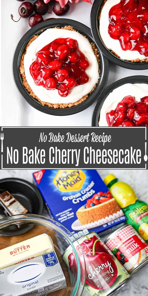 No bake cherry cheesecakes are mini desserts made with a cream cheese filling, no bake graham cracker crusts and sweet cherry pie filling. This simple no bake cherry cheesecake is made with sweetened condensed milk and cream cheese whipped together and then spooned into a no bake graham cracker crust and topped with canned cherry fruit filling. It's a great no bake dessert for summer parties. Cherry Cream Cheese Pie Condensed Milk, Cherry Cheesecake No Bake Condensed Milk, Cheesecake With Sweet Condensed Milk, Cheesecake No Bake Condensed Milk, No Bake Cherry Cheesecake Recipes With Sweetened Condensed Milk, No Bake Cheesecake Sweet Condensed Milk, Easy Cheese Cake No Bake 4 Ingredients Condensed Milk, Cherry No Bake Dessert, No Bake Cheesecake Sweetened Condensed