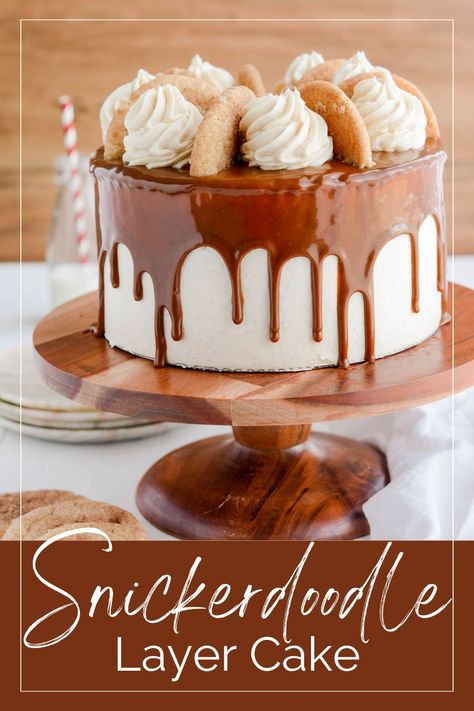 My Snickerdoodle Layer Cake includes three layers of light, airy cinnamon cake filled with cinnamon cream cheese frosting and snickerdoodle cookie crumbles and topped with cinnamon ganache drip. #snickerdoodle #snickerdoodlecake #cinnamonganache #dripcakes #snickerdoodlerecipes #thecakechica Snickerdoodle Birthday Cake, Homemade Cake With Filling, Snickerdoodle Sheet Cake, Fall Layer Cake, Snickerdoodle Cookie Cake, Cinnamon Ganache, Homemade Cinnamon Cake, Snickerdoodle Cake Recipe, November Cake