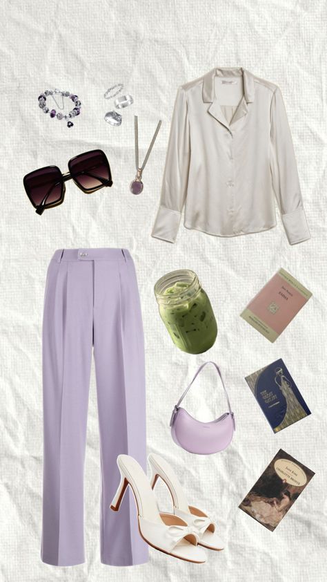 #fit #outfit #oldmoney #classy #purple #matcha #books #aesthetic Purple Old Money Outfits, Dark Academia Outfit Purple, Green Purple Aesthetic Outfit, Green And Purple Outfit Aesthetic, Purple Green Outfit Aesthetic, Purple Outfits, Old Money, Purple