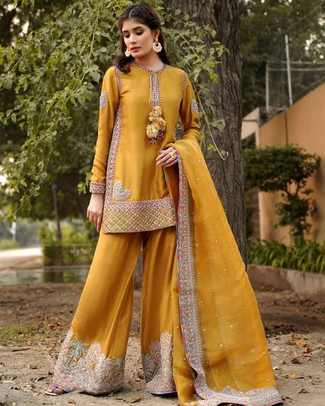 Laam (@laamofficial) • Instagram photos and videos Gharara Designs, Mustard Colored Dress, Pakistani Fancy Dresses, Pakistani Fashion Party Wear, Indian Dresses Traditional, Maria B, Pakistani Bridal Dresses, Simple Pakistani Dresses, Designer Party Wear Dresses