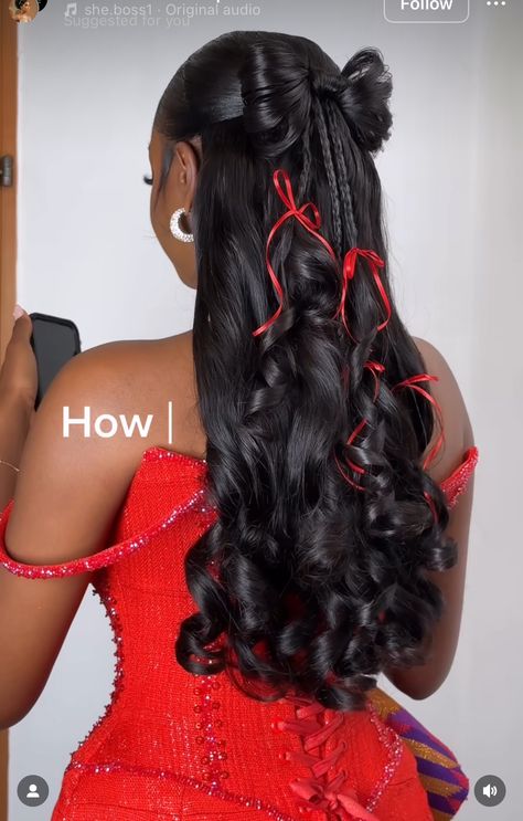 Hairstyles For Long Hair Prom Black Women, Homecoming Hair Ideas Down, Fancy Hair Black Women, Sew In Hairstyles Ideas, Closure Sew In Updo, Homecoming Hairstyles Red Hair, Pulled Back Wig Hairstyles, First Date Hairstyles Black Women, Hairstyle For Prom Black Women