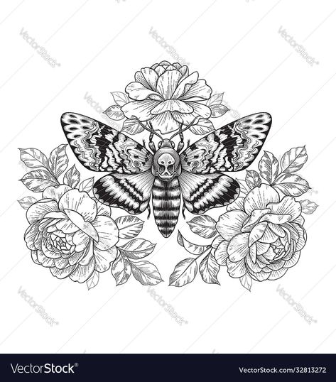 Moth And Flowers Tattoo, Moth Back Tattoo, Floral Moth Tattoo, Moth Vector, Butterfly And Rose, Roses Vector, Floral Composition, Moth Tattoo, Hawk Moth