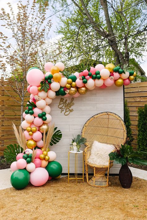 Peacock Chair Bridal Shower Ideas, Balloon Arch Color Scheme, Pool Bridal Shower Ideas, Pink And Green Balloon Arch, Pool Party Bridal Shower Ideas, Bridal Shower Color Schemes, Colorful Bridal Shower Ideas, Tropical Balloon Arch, Tropical Bridal Shower Theme