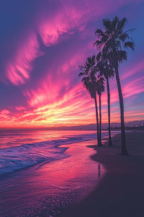 Experience the tranquil beauty of a Californian sunset with "Venice Sunset Dreams: A Symphony in Purple and Pink." This breathtaking photograph captures the serene shoreline of Venice Beach, bathed in the vibrant hues of dusk. The sky is ablaze with shades of purple, pink, and orange, reflecting off the gentle waves as palm trees stand silhouetted against the colorful backdrop. This piece is perfect for anyone who wants to bring a touch of West Coast serenity and the magic of a Venice Beach sunset into their home. Product Ideas: Framed Prints: Offer this stunning sunset as a framed print, perfect for adding a touch of coastal beauty to any room. Canvas Wall Art: Create large canvas prints that showcase the vivid colors and serene setting of this Venice Beach sunset, ideal for living rooms Pink Sunset Color Palette, Blue And Purple Sunset, Korean Sunset, Purple And Pink Aesthetic, Beautiful Sunset Nature, Pink And Blue Sunset, Pink And Orange Sunset, All Shades Of Purple, Pink And Purple Sunset