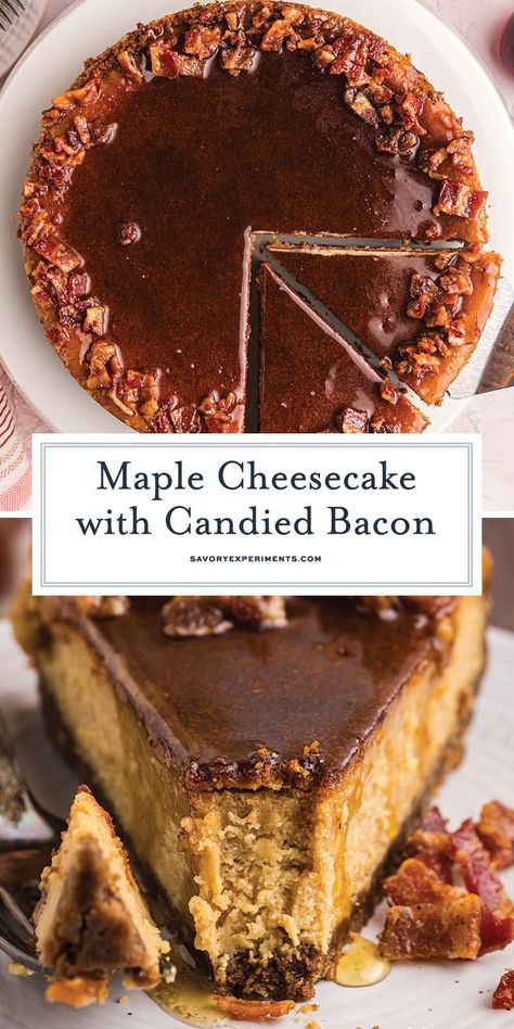 Candied Bacon Maple Cheesecake is made up of a maple cheesecake topped with candied bacon. Autumn Cheesecake, Maple Bacon Cheesecake, Unique Dessert Recipes, Bacon Dessert Recipes, Unique Cheesecake Recipes, Maple Cheesecake, Unique Cheesecake, Maple Desserts, Thanksgiving Cheesecake