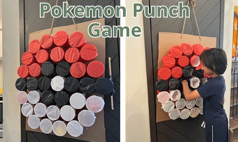 How to make a Pokemon punch game Indoor Pokemon Party Games, How To Play Pokemon Card Game, Pokemon Themed Party Food, Pokemon Birthday Party Decorations Free Printables, Pokemon Punch Game, Punch Cups Game, Pokemon Chalkboard, Pokémon Party Games, Punch Party Game