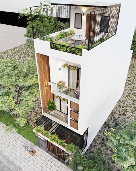 HOUSE-03 on Behance Facade Small House Design, Small House Facade Ideas, Small Apartment Design Exterior, Narrow House Designs Exterior, Small Front House Design, Small Architecture House, Narrow House Design Interior, Small House Exterior Modern, Rooftop Ideas House