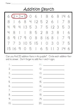 Try to find and circle all of the addition facts hidden in this number hunt puzzle.  It's kind of like a word search, except students search for addition facts! Math Word Search Puzzles, 2nd Grade Word Search, Math Word Search, Number Search, Number Worksheet, Addition Facts, Math School, Daily Math, Math Strategies